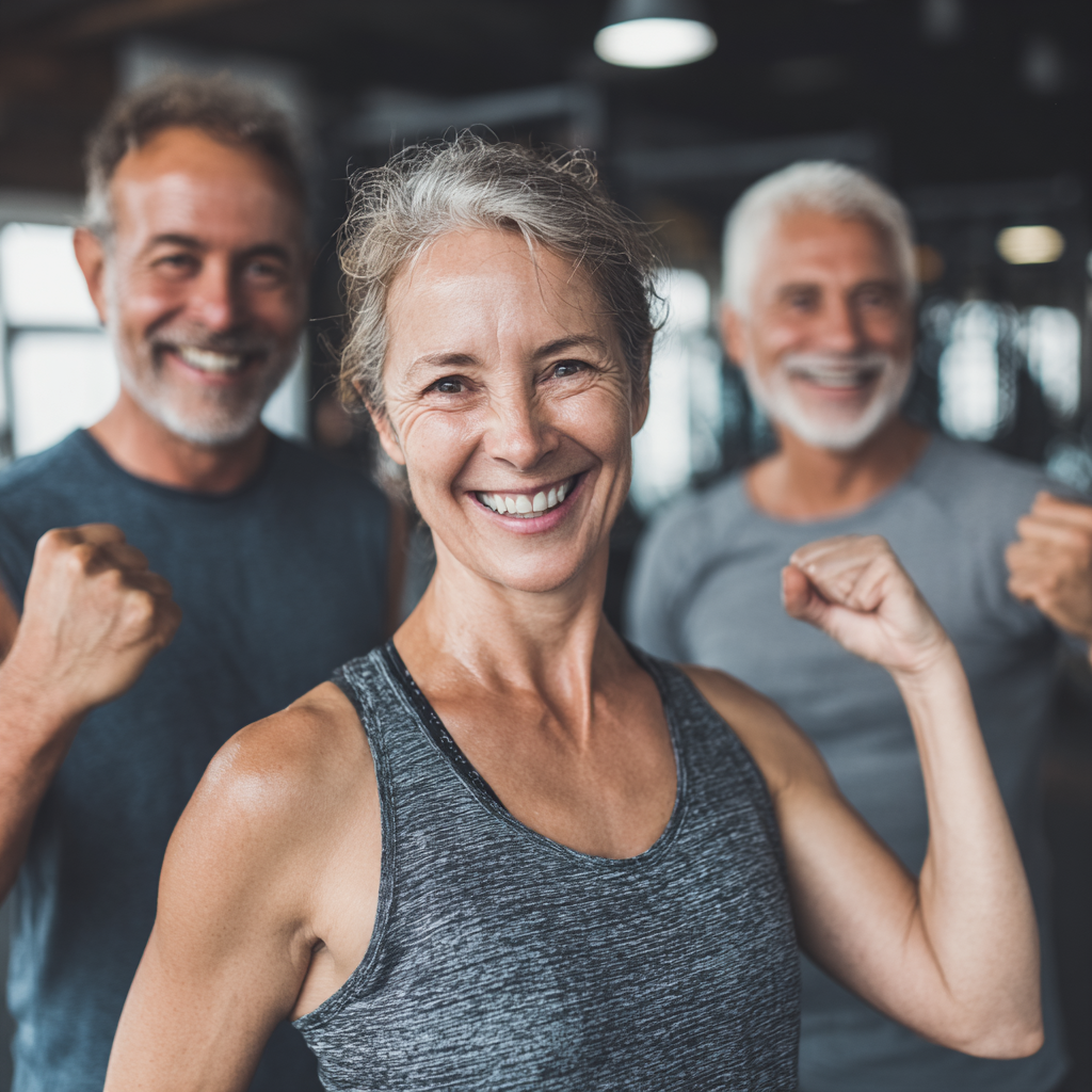 Щаслива жінка європейської зовнішності середнього віку з здоровою шкірою, посміхається на фоні природи в реалістичному стилі